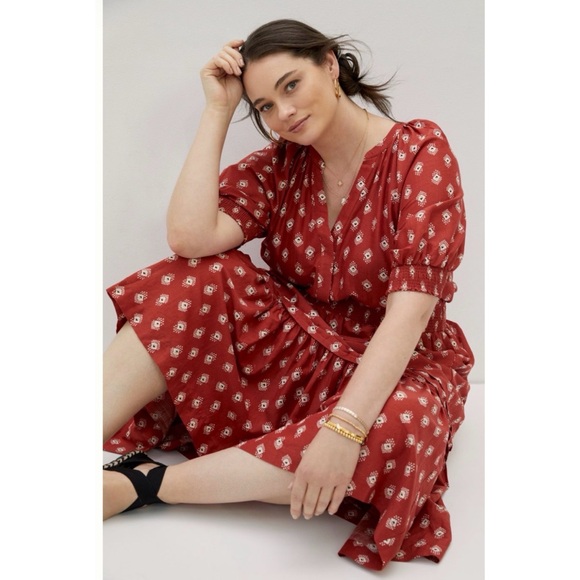 EUC by ANTHROPOLOGIE Felipa Crimson Ikat Cottagecore Boho Flounce Midi Dress M - Picture 13 of 13